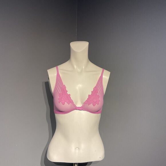 Aerie Pink Bra Size Large Sheer Floral Cover Double Straps - Picture 1 of 6